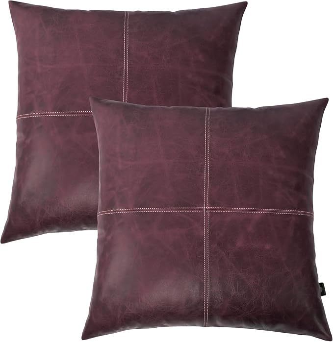 LL LEATHER LOVERS Lambskin Leather Pillow Cover - Sofa Cushion Case - Decorative Throw Covers for Living Room & Bedroom, 14x14 Inches - Pink Maroon Plain Pack of 2