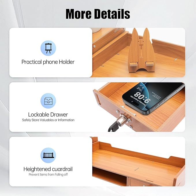 Wood Monitor Stand Riser with 3 Drawers & Lockable Storage – Desktop Organizer for Computer, Laptop, and Office Supplies, Ergonomic Monitor Stand for Desk, Workspace Organizers & Accessories