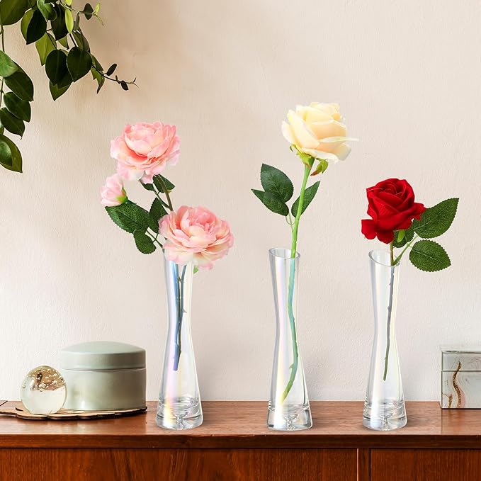 Lallisa 6 Pcs Glass Bud Vases for Centerpieces Maria Modern Clear Small Skinny Decorative Single Flower Bud Vase for Wedding Party Event Home Office Decoration(7.87 Inch,Iridescent)