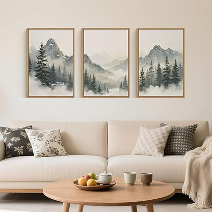 Large Nature Foggy Mountain Pine Trees Framed Canvas Wall Art, Misty Forest Landscape Wall Decor,Watercolor Woodland Scenery Artwork,Modern Art Print for Living Room, Bedroom, Office- 24"x36"x3