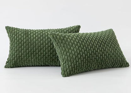 Kevin Textile Throw Pillow Covers Soft Corduroy Decorative Set of 2 Boho Striped Pillow Covers Pillowcases Farmhouse Home Decor for Couch Bed Sofa Living Room 12x20 Inch Moss Green