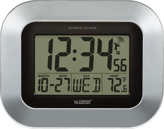 La Crosse Technology WT-8005U-S Atomic Digital Wall Clock with Indoor Temperature, Silver