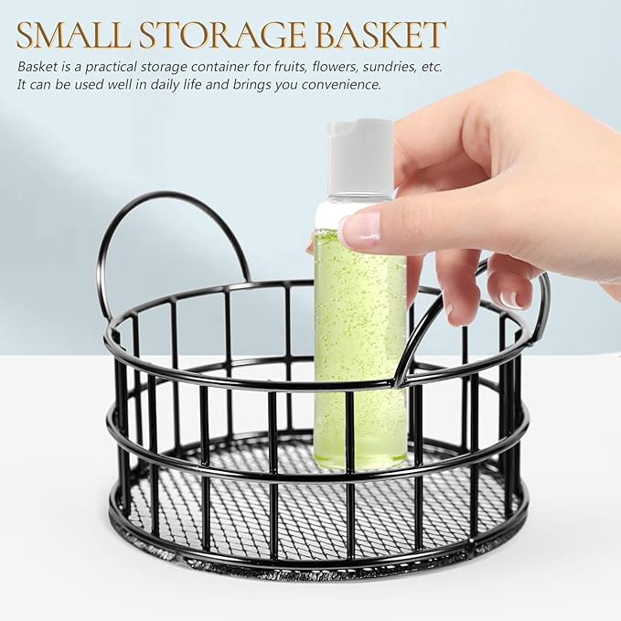 Round Wire Storage Basket for Desk, Makeup Organizer, Small Iron Basket with Handle for Home, Office, Bathroom, Black, 3.93X2.75 Inch