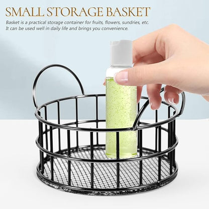 Round Wire Storage Basket for Desk, Makeup Organizer, Small Iron Basket with Handle for Home, Office, Bathroom, Black, 3.93X2.75 Inch