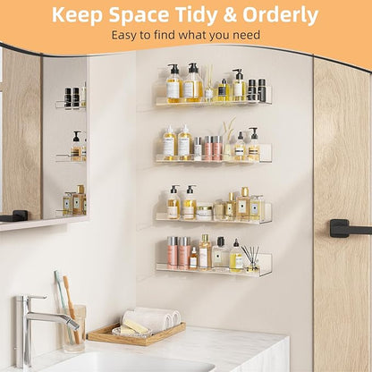 Optish 8 Pack Acrylic Shelves, 12" x 3.7" Clear Shelves for Wall, Nail Polish Rack, Floating Shelves Bathroom, Perfume Hanging Shelf for Figures, Bedroom Decor