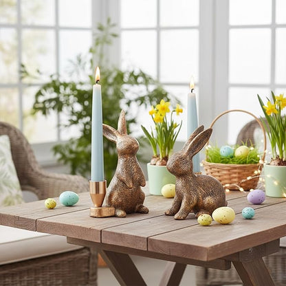 Gold Rabbit Candle Holders - Bunny Set of 2 Vintage Rustic Pedestal Candlesticks, Easter Decorations, Holiday & Themed Decor, Centerpieces for Fireplace Mantle & Dining Table