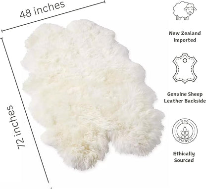 Woolous Sheepskin Rug 4x6 ft - Large Genuine New Zealand Lambskin Wool Quad Pelt Sheep Skin Fur Throw Area Rug for Nursery, Bedroom, and Living Room Decor (Ivory-White)