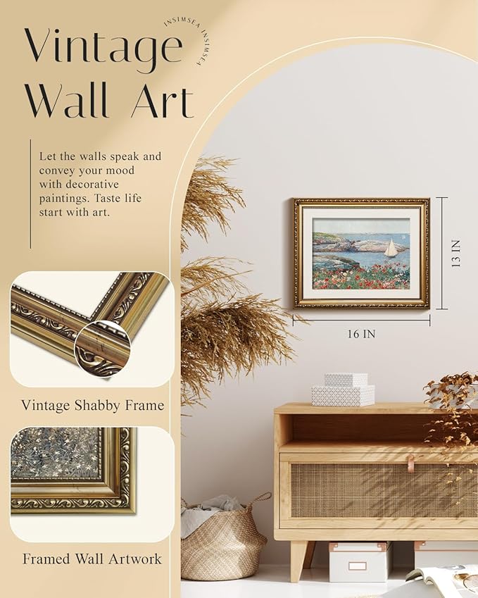 InSimSea Gold Framed Canvas Wall Art Room Decor Vintage Coastal Landscape Picture Wall Art Prints for Living Room Rustic Natural Botanical Floral Artwork Prints for Bathroom Bedroom Farmhouse 16×13in
