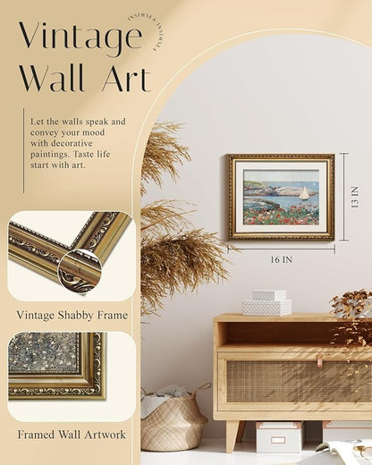 InSimSea Gold Framed Canvas Wall Art Room Decor Vintage Coastal Landscape Picture Wall Art Prints for Living Room Rustic Natural Botanical Floral Artwork Prints for Bathroom Bedroom Farmhouse 16×13in