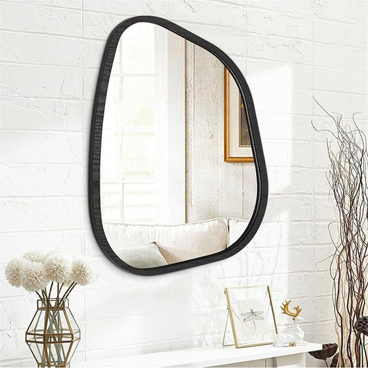 Irregular Bathroom Mirror Modern Oval Wall Mirror Asymmetrical Wooden Framed Wall Mirror Unique Shape Wall Mounted Vanity Artistic Mirror Decor for Living Room Bedroom Entryway Large 26"x18"