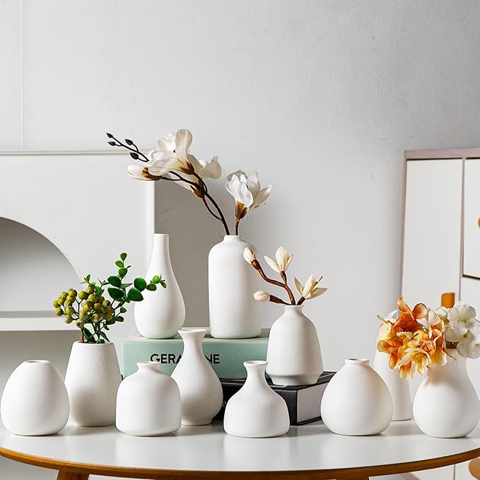 Tanvecle White Ceramic Bud Vase Set of 11, Small Vases for Pampas Grass, Flowers, Mini Vases for Modern Home Decor, Minimalist Decor, for Living Room, Dining Table & Shelves