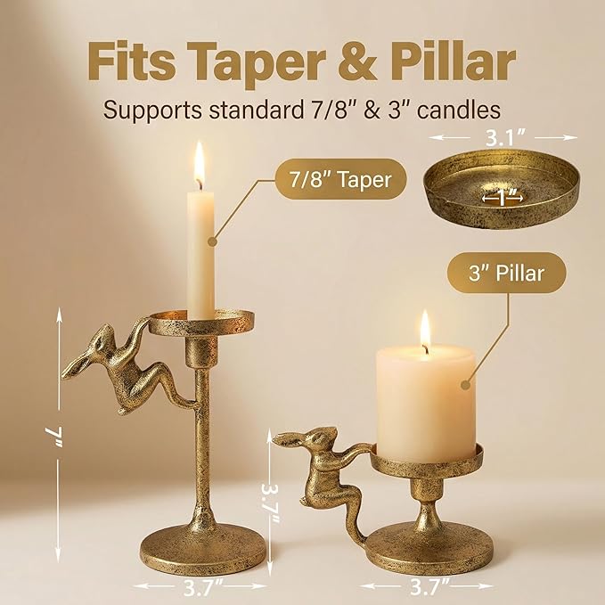 Set of 2 Cast Iron Climbing Bunny Candle Holders, Vintage Heavy-Duty Decorative Stands for 7/8" Taper Candlesticks and 3" Pillar Candles, Lively Easter & Spring Mantel Decor (Antique Brass)