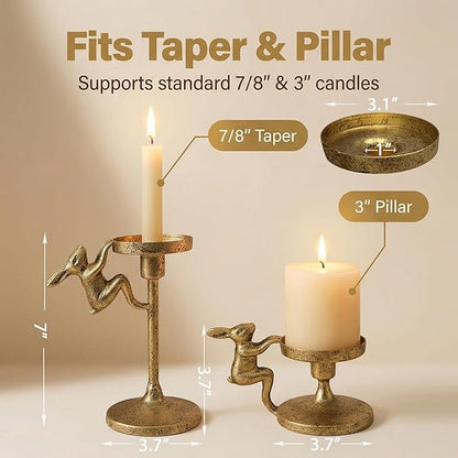 Set of 2 Cast Iron Climbing Bunny Candle Holders, Vintage Heavy-Duty Decorative Stands for 7/8" Taper Candlesticks and 3" Pillar Candles, Lively Easter & Spring Mantel Decor (Antique Brass)