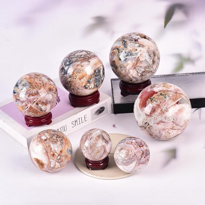 JIC Gem Striped Agate Crystal Ball with Wooden Stand Healing Crystal Sphere Ball for Feng Shui Decor Spiritual Gifts 60-70mm