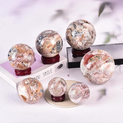 JIC Gem Striped Agate Crystal Ball with Wooden Stand Healing Crystal Sphere Ball for Feng Shui Decor Spiritual Gifts 60-70mm