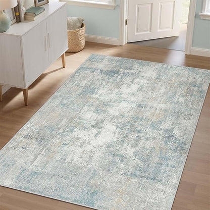 3x4 Washable Area Rug Blue Cream Abstract Entryway Office Throw Rug Neutral Modern Non Slip Soft Low Pile Lightweight Small Carpet for Kitchen Living Room Bedroom Entrance