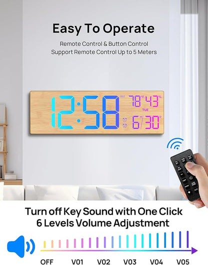 2025 Upgrade 18.5" Large Digital Wall Clock with Remote Control, Big LED Display Digital Clocks with Night Light, Alarm, Countdown, DST, Temp for Living Room, Bedroom, Office, Gift for Seniors(Bamboo)