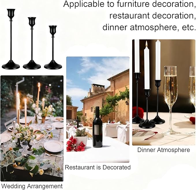 12 Pack Black Candlestick Holders, Vintage Taper Candle Holders Set in 3 Sizes for Dining Table, Fireplace, Party Decor