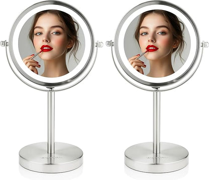 OVENTE Lighted Vanity Mirror 6 Inch Table Top 1X 7X Magnification LED 360 Adjustable Double Sided Spinning Personal Makeup Stand Desk Bathroom Battery Powered Round Large Nickel Brushed MLT60BR1X7X