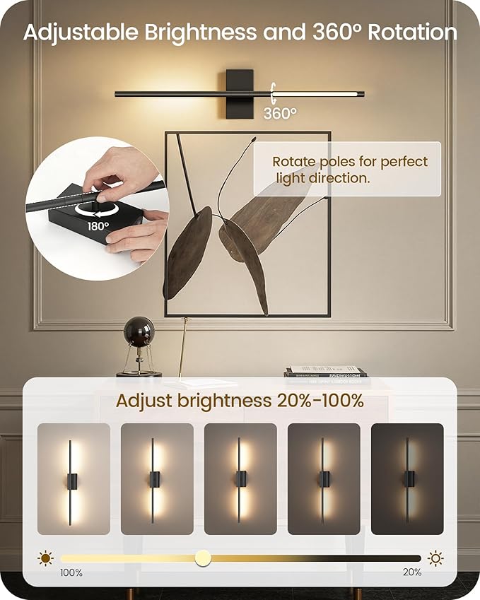 27.6" Wireless Wall Sconces Battery Operated Set of 2, Rechargeable Lamps with Remote, 360° Rotation, 10000mAh, Touch Dimmable Lights for Bedroom, Living Room, Hallway, Black B06YBP205