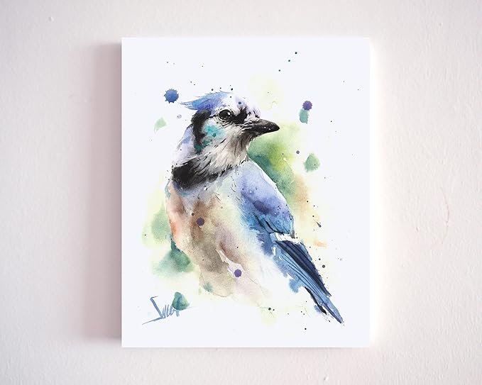 Watercolor Blue Jay Wall Art Print - Perched Bird Painting - Animal Decor