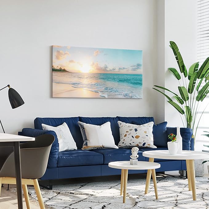Goldfoilart Large Beach Sunset Canvas Wall Art for Living Room Blue Sea Prints Romantic Ocean Waves Pictures Painting Bedroom Home Office Wall Decor Ready to Hang 24x48Inch