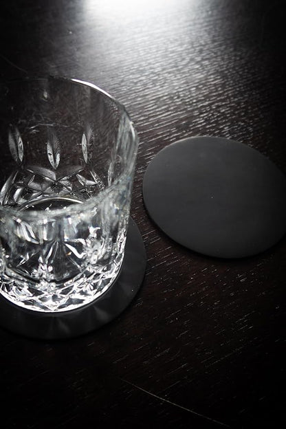 Real Natural Grain Leather Coasters – Durable Non-Slip (Black) Distressed Design, Set of 6 for Table Protection in Home, Office, Kitchen, and Bar