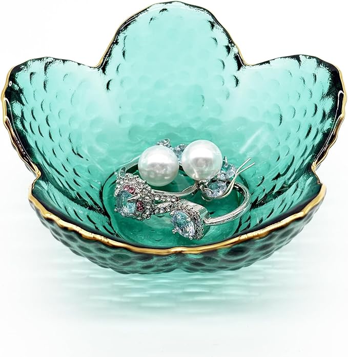 Small Jewelry Tray Dish for Women, Green Glass Jewelry Dish Trinket Tray, Flower Ring Dish Engagement Gift, Crystal Ring Holder Dish, Bathroom Jewlery Plate Dish, Jewelry Bowl for Earrings