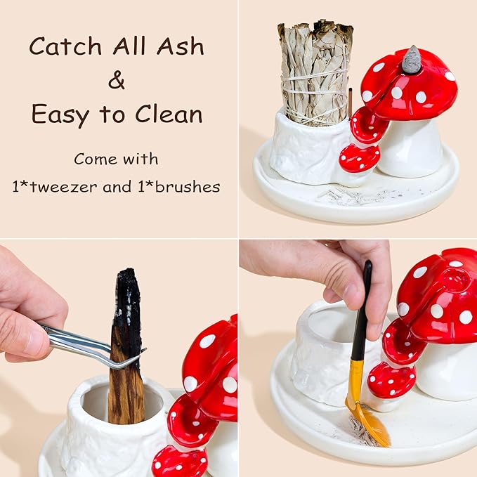 ZenBless 5 in 1 Mushroom Gifts Waterfall Incense and Candle Burner for Burning Sage, Palo Santo, Incense Sticks Backflow Cones,Candle Ceramic Backflow Cone Holder Spiritual Meditation Yoga