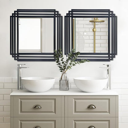 Modern Vanity Mirror, 24"x24" Geometric Art Deco Mirror with Black Metal Frame, Square Elegant Wall Mirrors for Living Room Bathroom Bedroom Entryway Hallway Fireplace