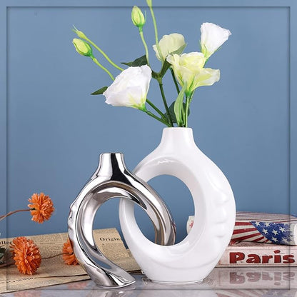 White Ceramic Vase Set of 2, White and Silver Round Donut Ceramic Decorative Vase for Living Room Decor, Bookshelf, Mantel, Dining Table Centerpiece Decor (White Silver)