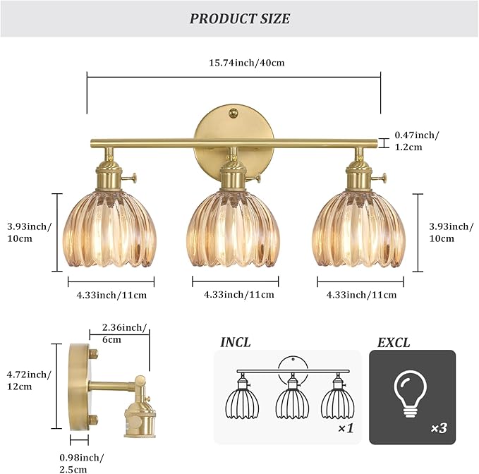 Bathroom Light Fixtures, 3-Light Brass Vanity Wall Light Over Mirror with Amber Tulip Glass Shade for Bedroom Living Room (Bulb Not Included)