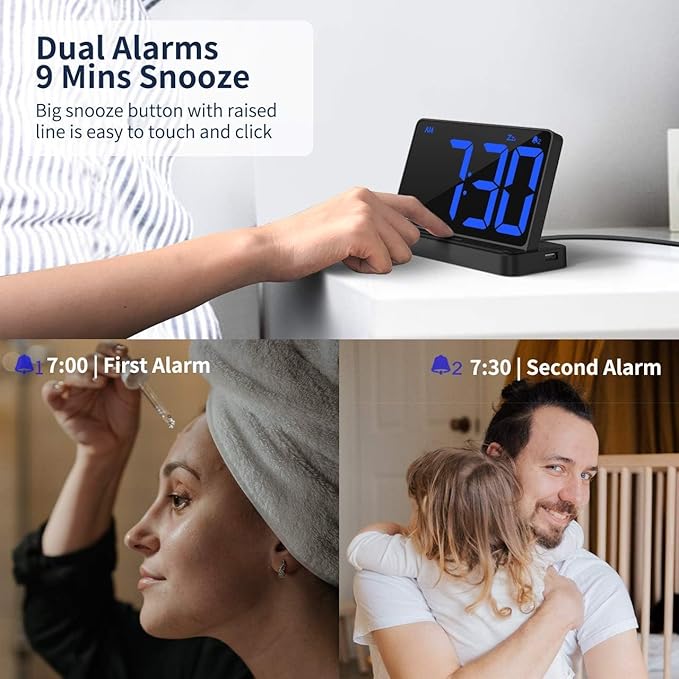 NOKLEAD Digital Alarm Clock for Bedroom: Large 6.5-inch LED Display, Stepless Brightness, 9-Mins Snooze, USB Charging Port, 2 Alarm with 5 Ringtone 3 Volume, Easy to Use for Kids Seniors (Black)