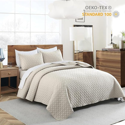 HORIMOTE HOME Quilt Set Twin Size Beige Bedspread, Modern Style Quilted Clouds Pattern Soft Coverlet Set Lightweight Microfiber Quilted Bedspread for All Season, Includes 1 Quilt and 1 Pillow Sham