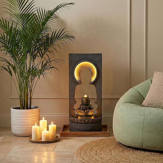 35.43" Zen Buddha Outdoor Fountain with Hollow Center — Zen Fountain Waterfall Feature for Garden, Patio & Yard — Soothing Sound, Warm LED Lights, Durable Weather-Resistant Decor