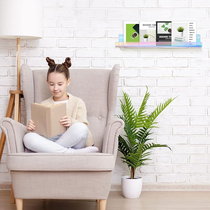 Blulu 8 Packs 14 Inch Acrylic Floating Shelf Wall Mounted Invisible Acrylic Shelf Ledge Floating Bookshelf for Living Room Office Bedroom Bathroom Kitchen Decoration Space Save (Iridescent)
