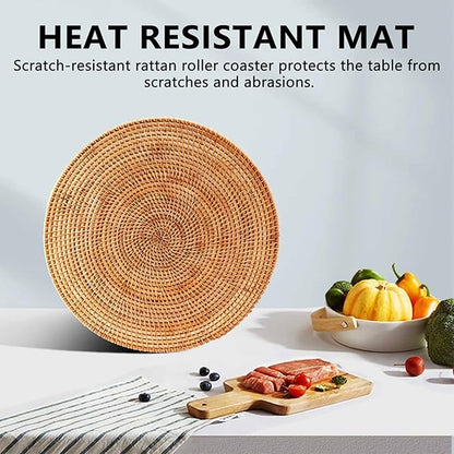 Natural Rattan Woven Placemats; Oval Tableware Mats Anti Slip Multifunctional Placemat (35x35cm Handwoven Trivet).