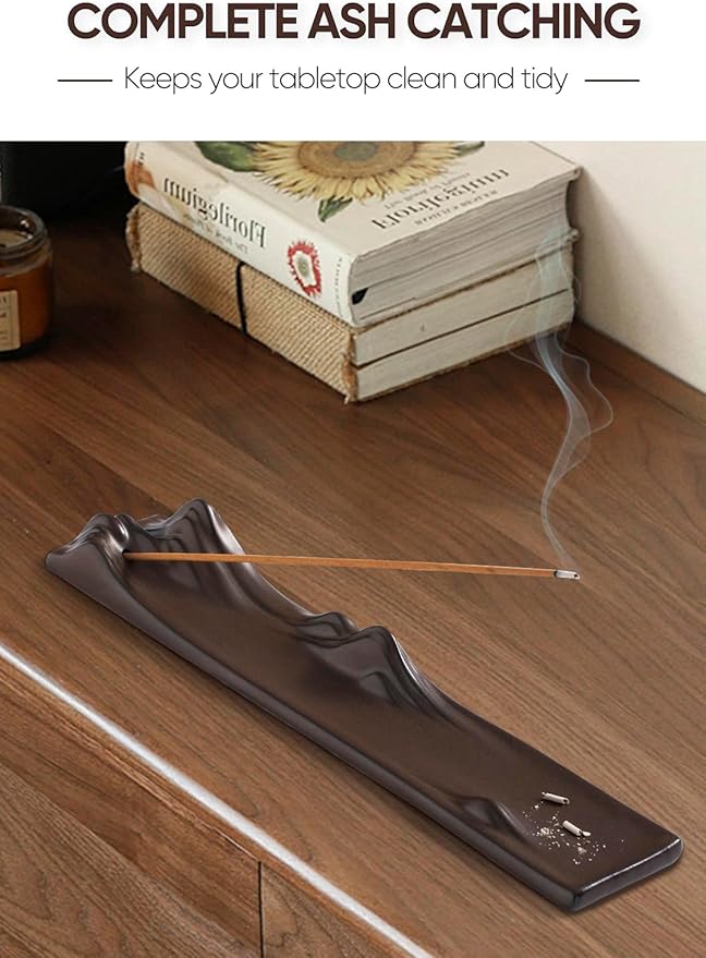 Ceramic Incense Stick Holder - 9.2" Long Mountain Range Incense Burner, Modern Zen Ash Catcher for Home Decor, Meditation & Yoga, Porcelain Fragrance Accessory for Office, Living Room & Spa (Brown)