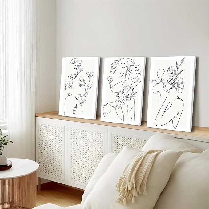 yulihaz Minimalist Woman Flower Line Wall Art Set of 3 Neutral Modern Abstract Black and White Girl Canvas Painting Poster Prints Picture Wall Decor for Bedroom Living Room Framed 12x16 inch