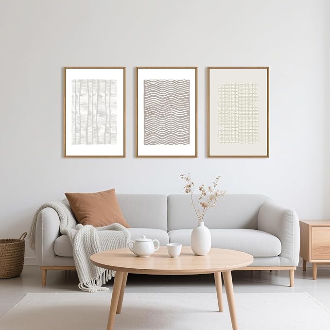 Large Abstract White and Beige Framed Canvas Wall Art,Geometric Dot and Line Wall Decor,Modern Wave Lines Artwork,Neutral Minimalist Shapes Art Print for Living Room,Bedroom,Office- 24"x36"x3