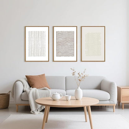 Large Abstract White and Beige Framed Canvas Wall Art,Geometric Dot and Line Wall Decor,Modern Wave Lines Artwork,Neutral Minimalist Shapes Art Print for Living Room,Bedroom,Office- 24"x36"x3
