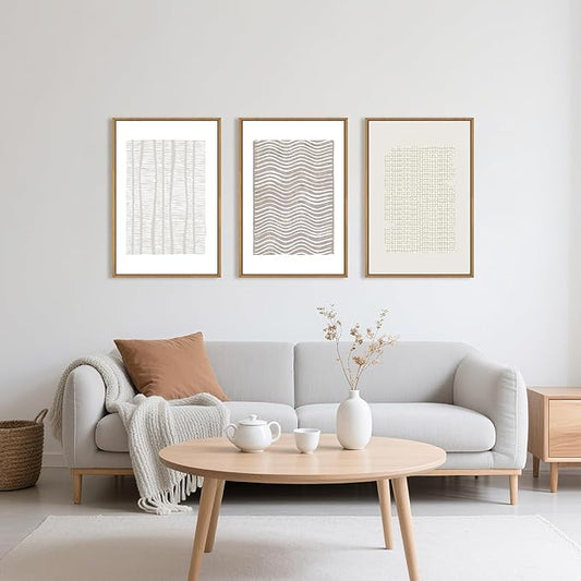 Large Abstract White and Beige Framed Canvas Wall Art,Geometric Dot and Line Wall Decor,Modern Wave Lines Artwork,Neutral Minimalist Shapes Art Print for Living Room,Bedroom,Office- 24"x36"x3