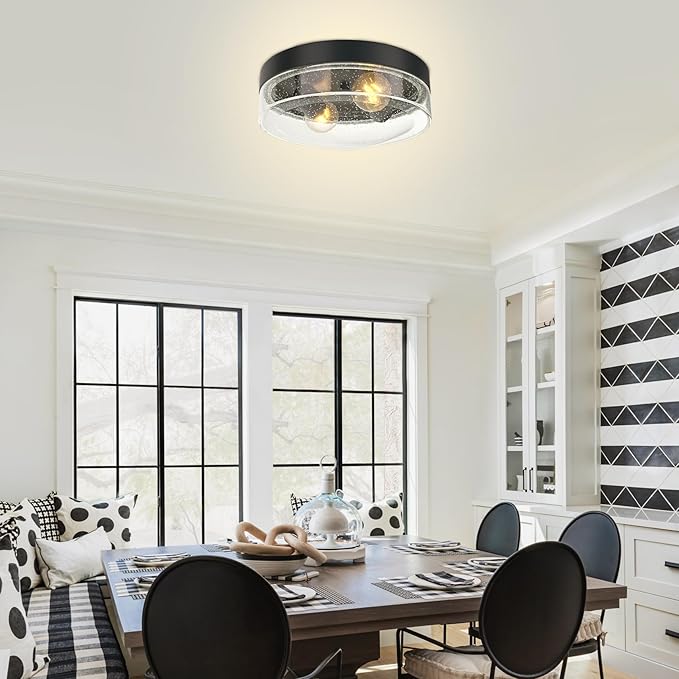 Flush Mount Ceiling Light Fixtures, 2-Light Farmhouse Light Fixtures Ceiling Mount with Seeded Glass Lampshade, Industrial Flush Mount Light Fixture Farmhouse for Hallway, Kitchen, Entryway and Foyer