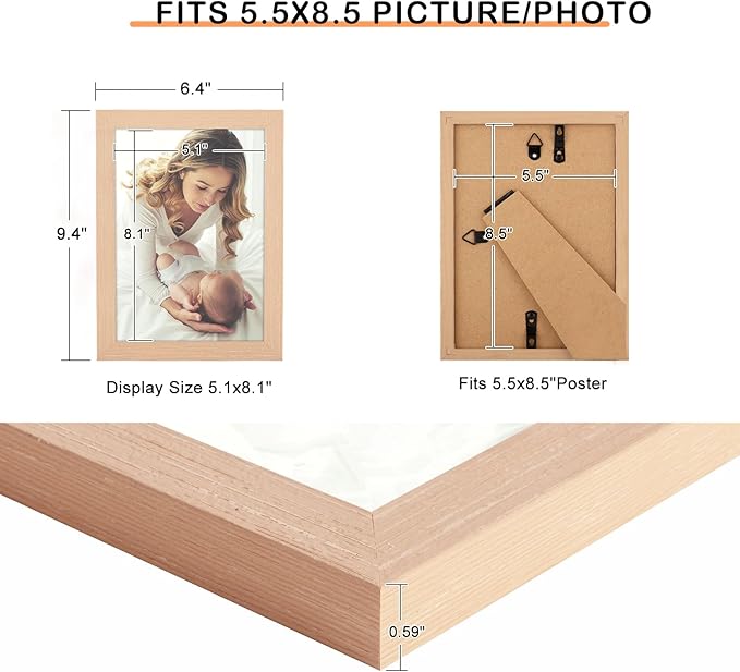 5.5x8.5 Picture Frame Woodgrain, Rustic Natural 8.5x5.5in Photo/Portrait/Poster/Art Frame, Wall Hanging/Tabletop, Horizontal/Vertical Display Gallery Family Wedding Memorial Pic Frame Gift