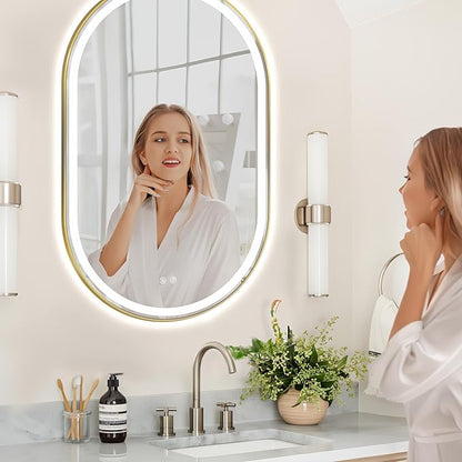 Niccy Oval LED Mirror for Bathroom, 48x30 Front Lit + Backlit Vanity Mirrors with Light Anti-Fog, Shatter-Proof, 3 Colors, Makeup Mirror with Old Gold Frame (Horizontal/Vertical)