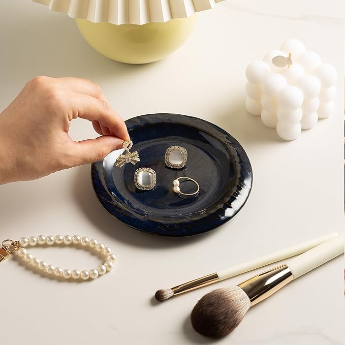 Ring Dish Holder, Jewelry Dishes for Women, Ceramic Trinket Dish Tray, Cute Key Bowl, Decorative Jewelry Plate, Gift for Friends Sister Mom Daughter (blue)