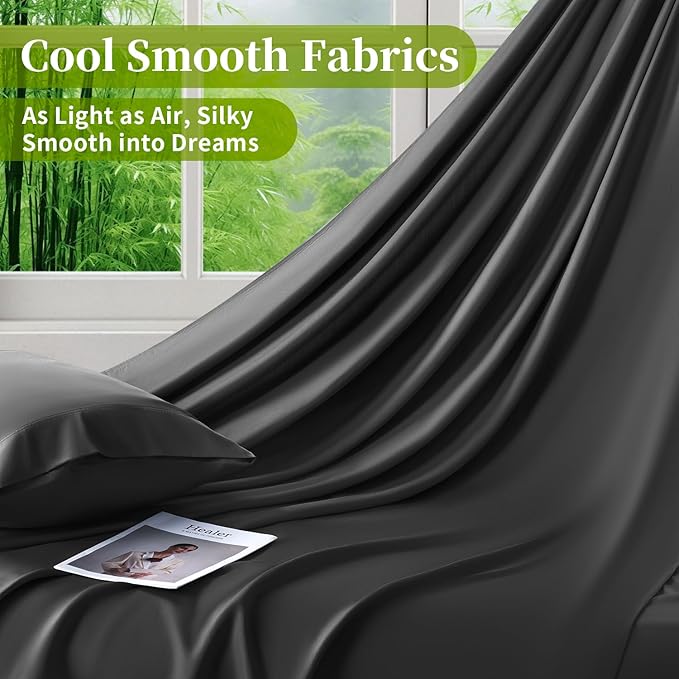 Shilucheng 100% Viscose Derived from Bamboo_ Sheets Cal King Size 4pcs - Ultra Cooling & Silky Soft Bed Sheets, 16" Deep Pocket, Perfect for Hot Sleepers, Hotel Bedding Sheets (Black)