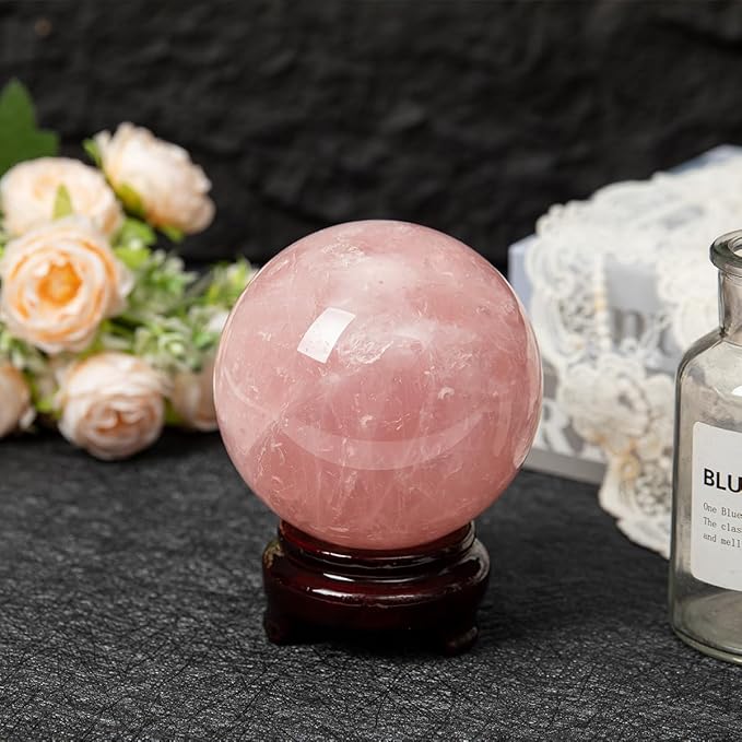 Large Rose Quartz Crystal Sphere Natural Pink Healing Crystal Ball with Stand Meditation Decorative Balls Home Decor 100-110mm/3.9-4.3"