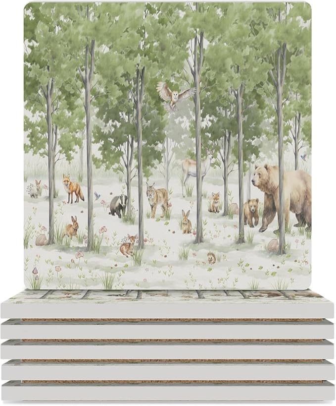 Square-6PCS Forest Ceramic Coasters, Square Absorbent Drink Coasters, Cartoon Forest Nature Animal Bear, Deer, Fox, Rabbit Style Ceramic Table Coasters for Coffee, Beverage, Wine, Beer Coasters