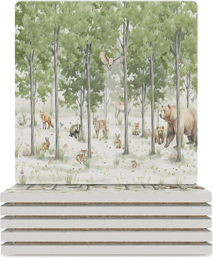 Square-6PCS Forest Ceramic Coasters, Square Absorbent Drink Coasters, Cartoon Forest Nature Animal Bear, Deer, Fox, Rabbit Style Ceramic Table Coasters for Coffee, Beverage, Wine, Beer Coasters